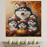 Autumn Charm: Siberian Husky Mom and Three Puppies in a Basket with Pumpkin and Grapes on Ready to Hang 1.5" Thick Canvas Wrap, Floating Framed Canvas, Flat Rolled Canvas
